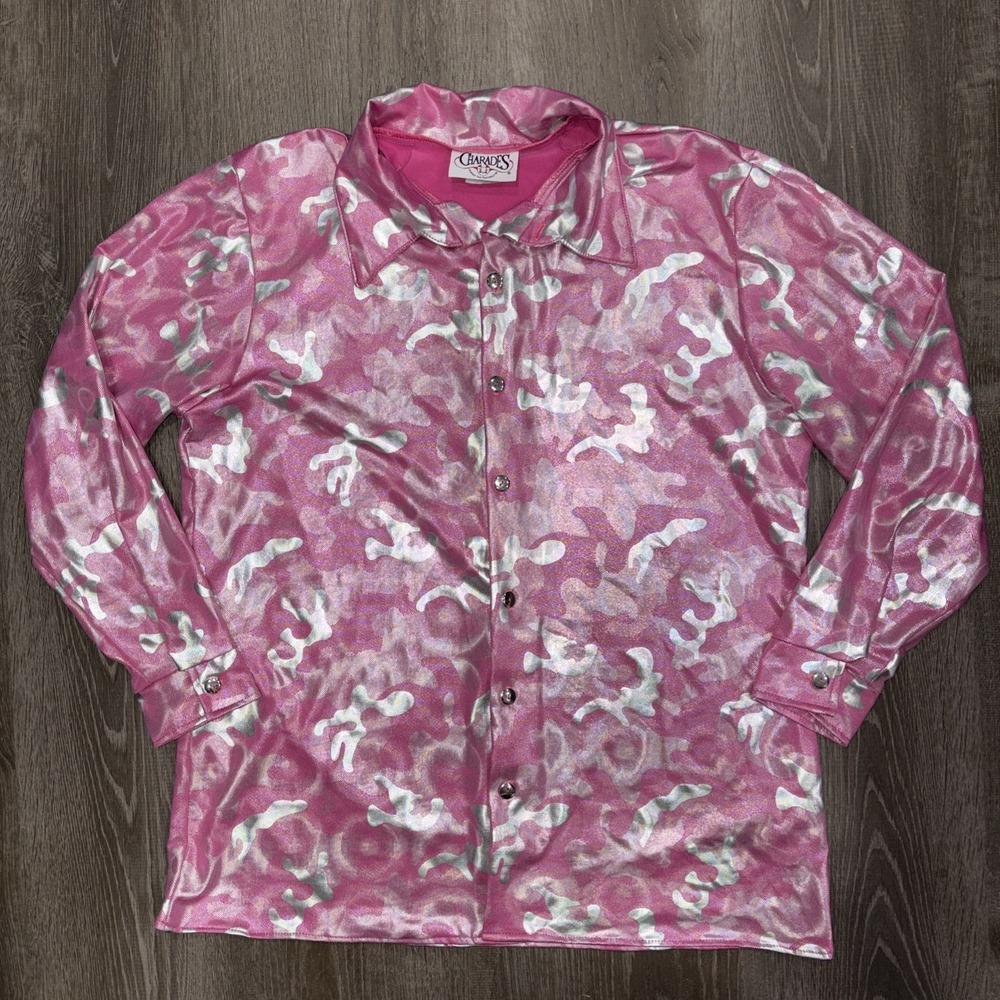 Vtg Charades Pink Disco Camo Button Shirt Size Large Shiny 70s Queen Groovy USA